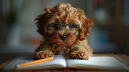 A cute dog wearing glasses is studying. AI.