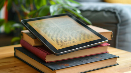 Close-up of a digital tablet displaying an e-book, with the text clearly readable