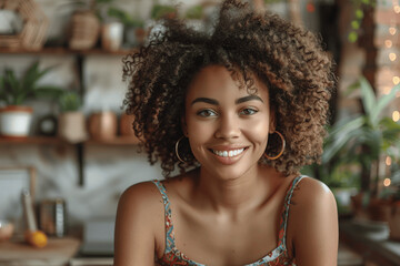 Smiling Young Woman With Curly Hair In Cozy Plant Filled Environment