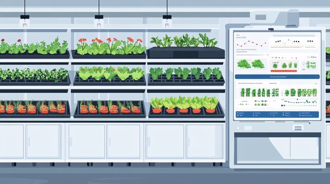 An illustration of a vertical farm with a focus on organic farming practices. The setup features several tiers of plant racks growing organic vegetables and herbs. The background shows a clean,