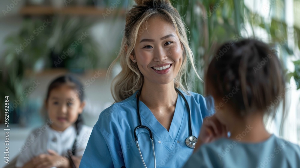 Wall mural A doctor smiles at a patient. AI.