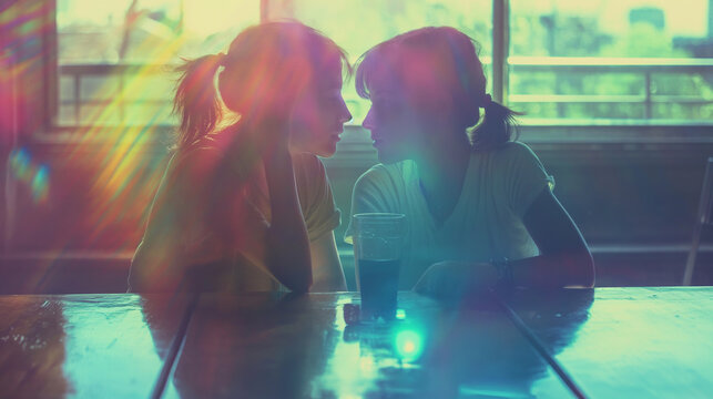 This serene scene portrays the meaningful bond between friends, surrounded by warm light that fosters intimacy, connection, and heartfelt moments, creating an experience of joy and inspiration