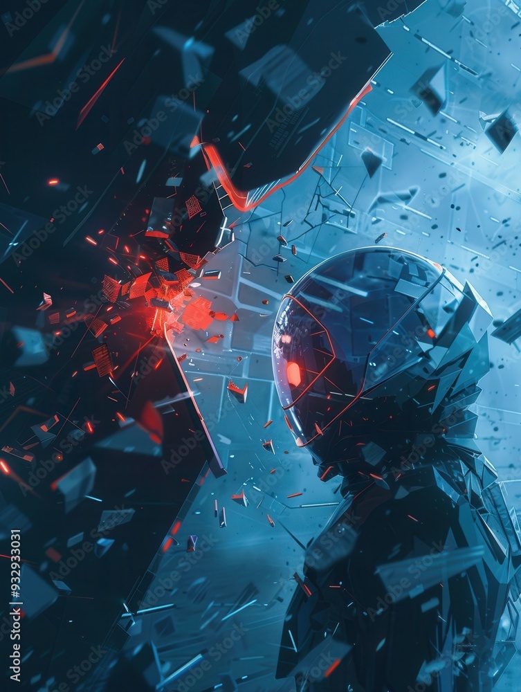 Poster a hacker breaks through a digital shield, scattering fragments while navigating a high-tech cyberspa