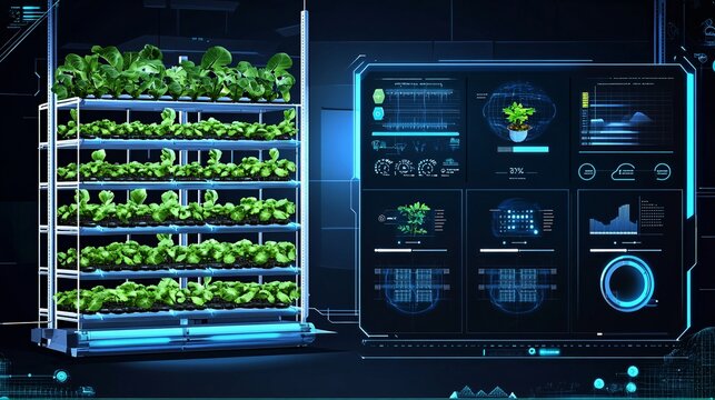 An illustration of a vertical farming system in a futuristic agricultural facility. The setup features several tiers of plant racks with advanced technology for climate control and nutrient delivery.