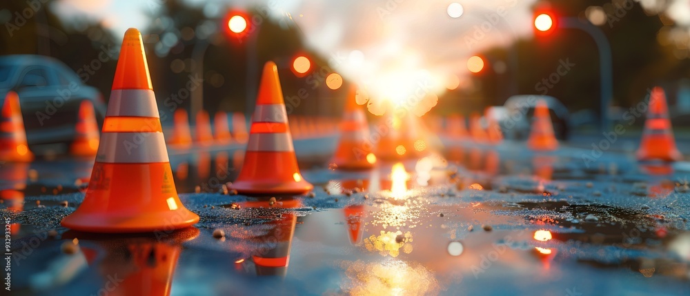 Wall mural safety cones blurred road construction background road maintenance concept road repair