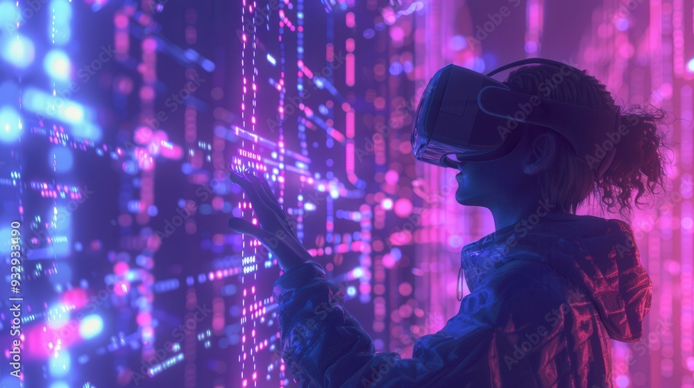 Poster a hacker navigates a colorful virtual space, interacting with glowing digital locks and codes while 