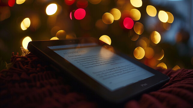 Close-up of an illuminated Kindle screen displaying the beginning of a new chapter