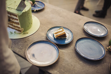 A piece of cake on a plate. The baker cuts the cake at tasting. cut the cake with delicate green cream. 
