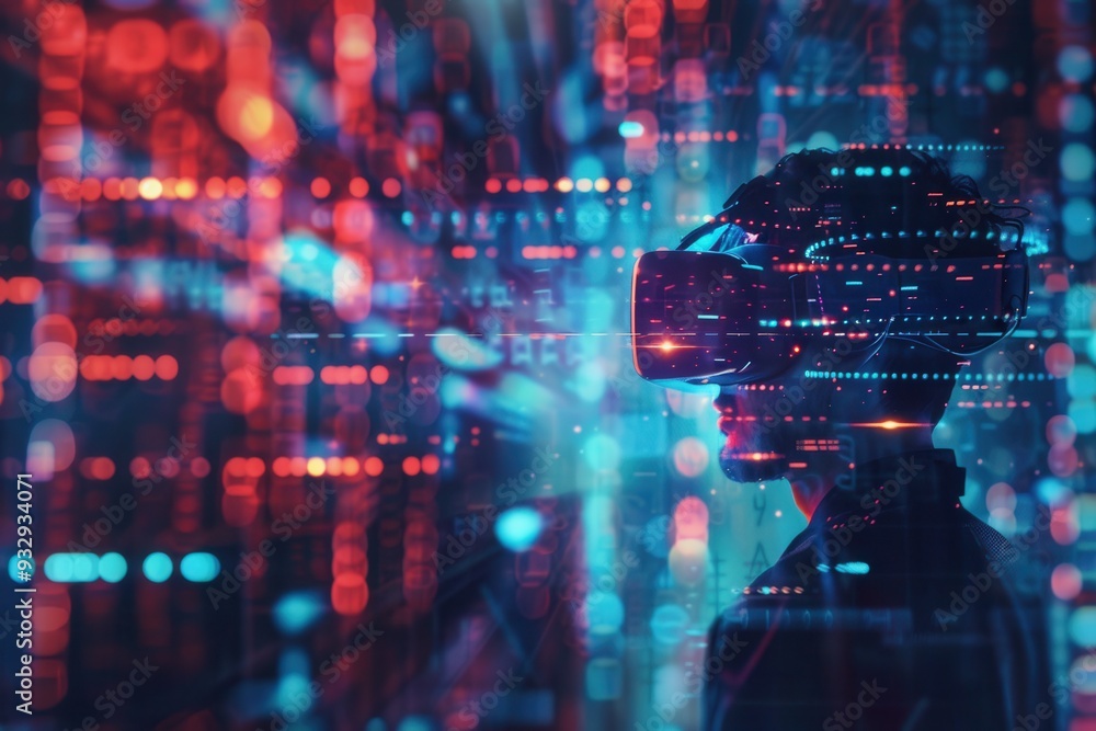 Aufkleber A hacker explores a virtual landscape filled with digital locks and codes while wearing a VR headset, immersed in a world of data. Generative AI