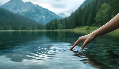 A hand touches the surface of a lake with a beautiful scenery in the background. A close-up photo shows a woman's finger touching still water,