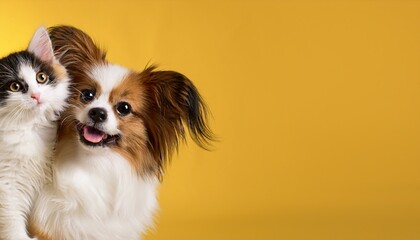 Fototapeta premium 仲良く一緒に座っているパピヨンの子犬と猫（Papillon puppy and cat sitting together friendly） 
