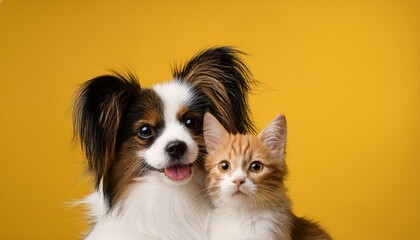 仲良く一緒に座っているパピヨンの子犬と猫（Papillon puppy and cat sitting together friendly）
