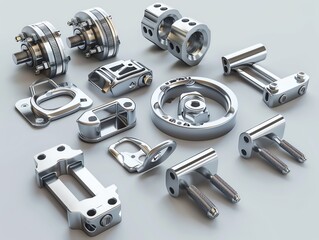 3D render of industrial clamps and mounts, high detail