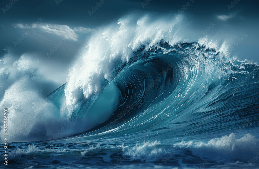 Poster epic blue ocean wave crashing with powerful surf and dynamic flow in high resolution