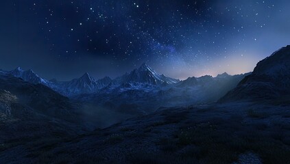 Starry night sky above a mountain range.