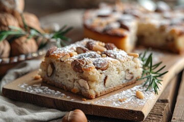Traditional castagnaccio cake slice gluten free autumn cake made with chestnuts flour pine nuts rosemary and olive oil