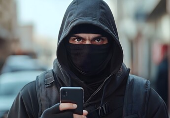 A thief wearing a black balaclava mask and hood on the street holding a smartphone, 