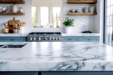 Modern Kitchen With Marble Countertop And Wooden Shelves