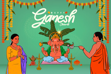 Happy Ganesh Chaturthi, Ganesha vector illustration and Indian people celebrating vector, sketch, and illustration for social media banner design template  
