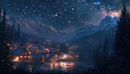 Snowy mountains, starry night, village lit by fire.