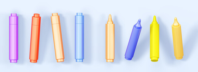 Color markers 3d render icon set. Rainbow palette of felt tip pens for sketching and drawing, colorful highlighters, painting tools. School or office stationery, education supplies. 3D illustration