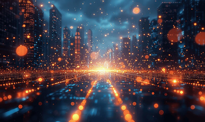 Obraz premium Futuristic Cityscape At Night With Glowing Orange And Blue Lights Representing Data Points In A Digital High Tech Atmosphere