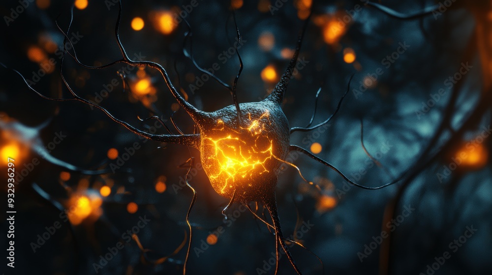 Poster abstract neuron cell with glowing core, 3d render, dark background