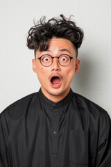 A Young Asian Chinese Surprised Man Standing Isolated Against A White Wall
