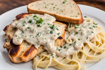 Juicy grilled chicken topped with a creamy garlic alfredo sauce served, Ai Generated