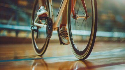 Legs of a track cycling cyclist at a bicycle racing competition with blur from speed of the cycle