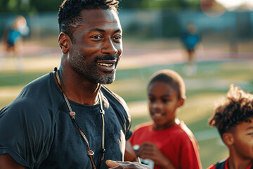 Cheerful Coach Engaging With Kids On Sports Field During Sunny Day