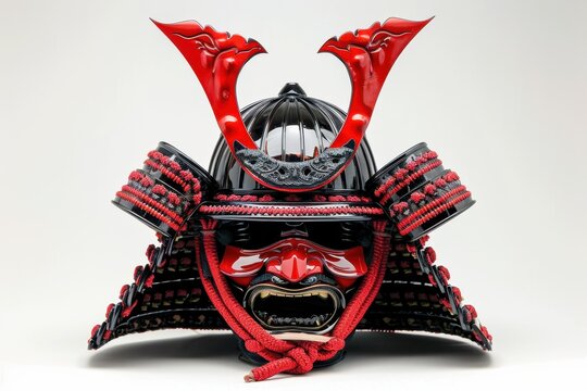 Traditional red and black samurai helmet without mask on white backdrop