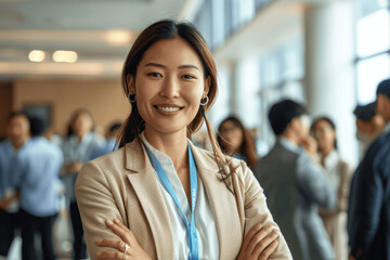 Fototapeta premium Confident Woman Smiling In Professional Networking Event