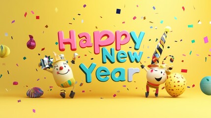 Fototapeta premium 3D Happy New Year Celebration with Confetti and Festive Characters.