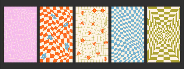 Collection of groovy hippie checkerboard in trendy retro psychedelic style. Y2k aesthetic. Vector illustration