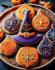 A collection of colorful, decorated Halloween cookies
