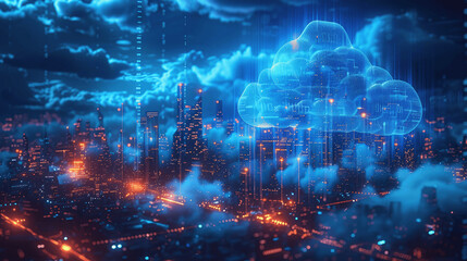 Fototapeta premium Futuristic Cityscape With Digital Cloud Technology Connectivity Lights