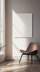 Modern Living Room Interior with Blank Canvas Wall Art and Comfortable Chair, Sunlight Streaming Through Window.