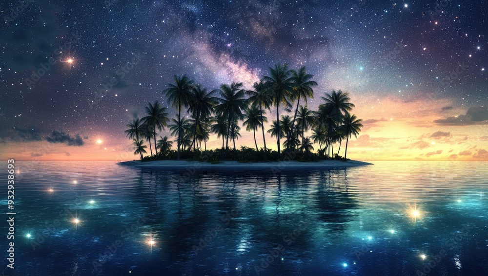 Wall mural starry night sky over tropical island.