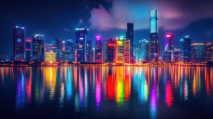 Fototapeta premium vibrant city skyline reflecting in a river at night with colorful lights.