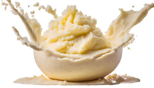 Creamy mashed potatoes Splashes on a white isolated background. Generative AI.