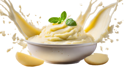 Creamy mashed potatoes Splashes on a white isolated background. Generative AI.
