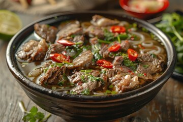 Traditional Vietnamese Pho Bo soup with beef rice noodles ginger lime and chili in a bowl Close up shot