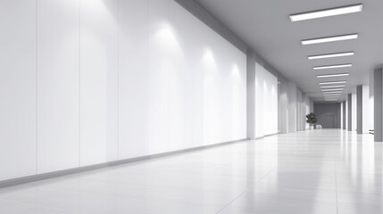  Perspective view of blank light wall with place for poster or banner in a modern office corridor interior.