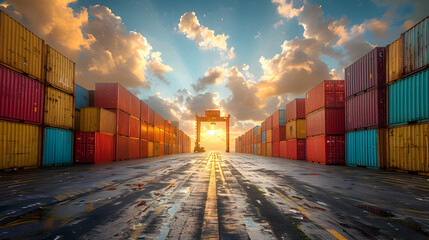 Fototapeta premium Cargo Containers at Sunset, Illustration of a shipping port with colorful cargo containers