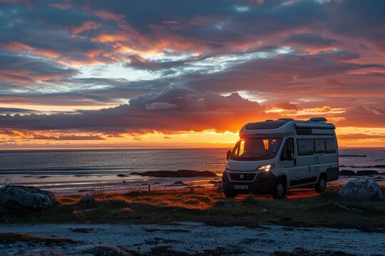 Travel by camper van on a road trip to Norway s ocean beach at sunset