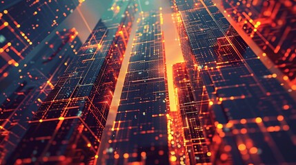 Obraz premium Radiant skyline of glowing, layered skyscrapers illuminating the night sky in a futuristic cityscape.