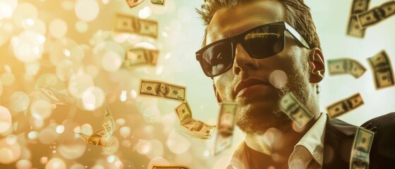 Success businessman in sunglasses surrounded by flying money