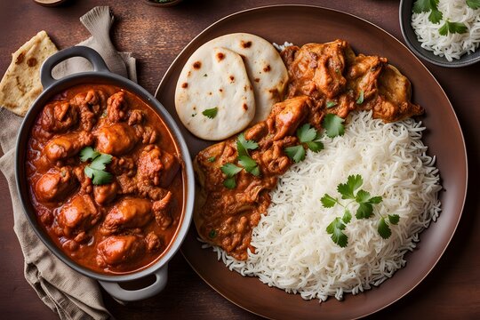Slow cooked chicken curry in a rich spicy tomato based sauce served with warm naan bread and basma, AI Generated
