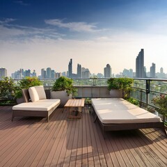 Rooftop terrace mockup, sparse modern furniture, city skyline view of Bangkok Thailand